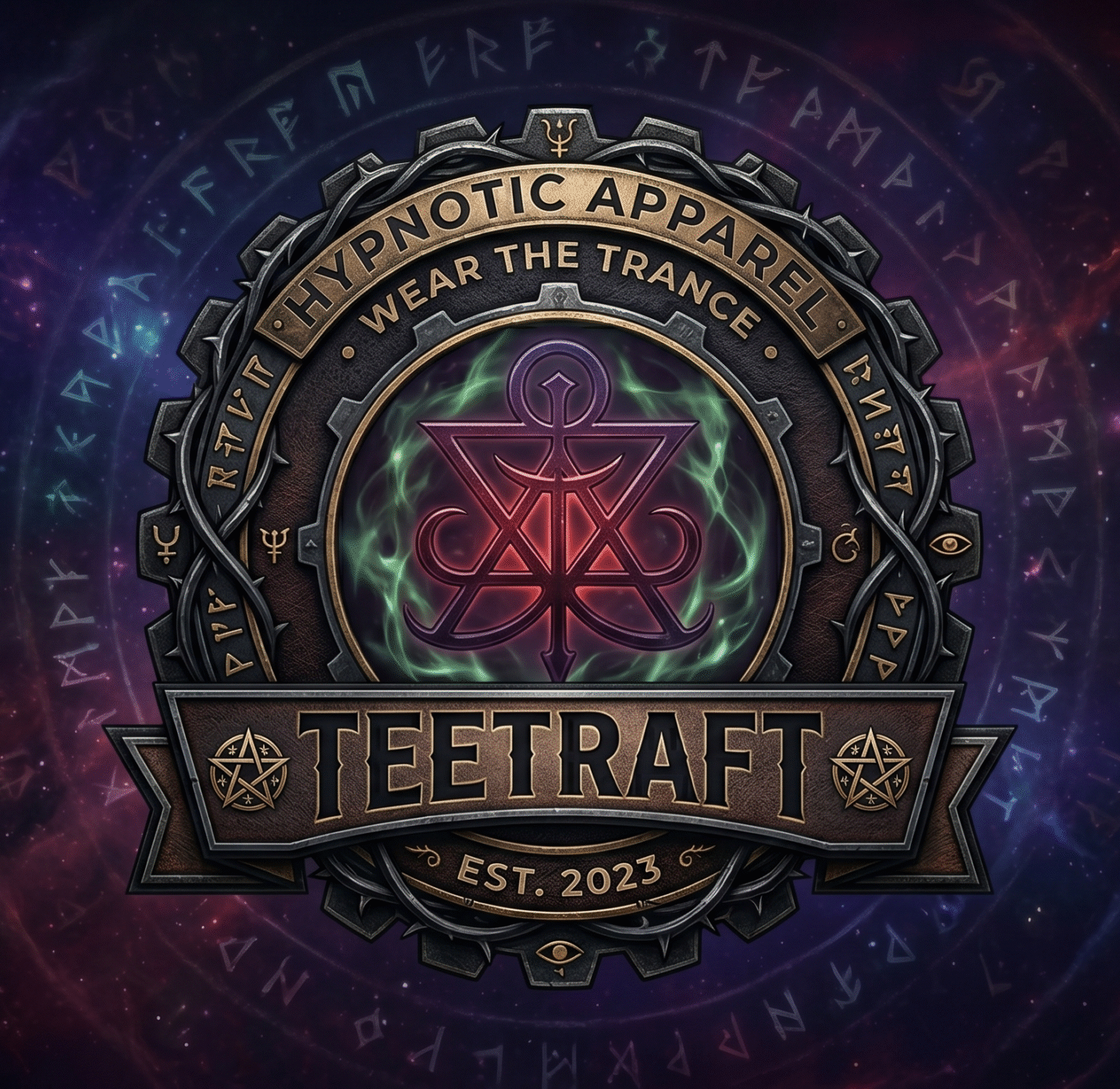 Teetraft Outfit Brand - Hypnotic Apparel, Wear the Trance - Mystic Emblem with Cosmic Background